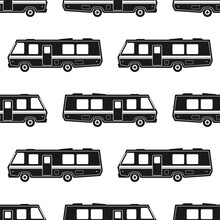 Campers RV. Recreational Vehicle. Camping Caravan Cars. Camp Motorhome For Country And Nature Vacation. Seamless Pattern