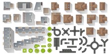 Set Of Elements Top View For Landscape Design. Buildings And Trees For Map Of City. Collection, Kit Of Objects. House, Factory, Skyscraper, Hotel, Manufacturing. Isolated Vector Element From Above