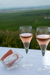 Tasting of rose brut champagne wine with view on green pinot noir grand cru vineyards of famous champagne houses in Montagne de Reims near Verzenay, Champagne, France