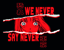 Ripped Paper With Anime Girl Japanese Slogan Translation: "fear And Tokyo." Vector Print Design For Tee And Poster
