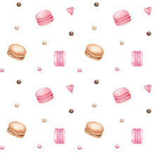 Seamless Pattern With Macaroon Cookies; Watercolor Hand Drawn Illustration; With White Isolated Background