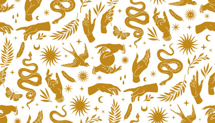 Wall Mural - boho mystical seamless pattern with hands, snakes, moon, sun, bird, moth in trendy bohemian celestia