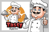 Fototapeta Kosmos - Cartoon chef holding a silver tray giving thumb up