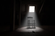 3d Rendering Of Old Rocking Chair Illuminated By Light Ray At Dark Attic. Concept Age And Past