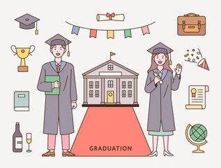 Two graduate characters wearing graduation gowns. There are icons of education and graduation and celebrations around. flat design style vector illustration.