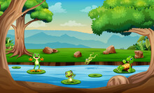 Happy Turtles And Frogs Playing In The River Illustration
