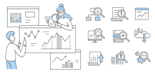Wall Mural - people research analytics on dashboard with graphs and charts. vector doodle icons of statistic anal