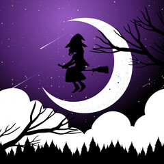 Wall Mural - Halloween night background with witch silhouette