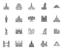 World Landmarks Line Icons Set