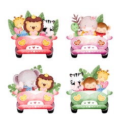 Watercolor set of cute safari animal in car 