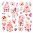 Watercolor gnome with love elements sticker set 