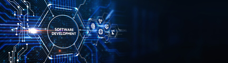 Inscription Software Development on the virtual display. Business, modern technology, internet and networking concept. 3d illustration