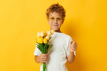 Photo Portrait Curly Little Boy With Yellow Flowers Posing Childhood Fun Isolated Background Unaltered