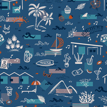 Summer Vacation Theme Vector Blue Seamless Pattern. California Architecture, Nature. Holiday Homes, Sea, Sailboat, Surfing, Waves, Beach, Palm Trees, Hills, Plants, Food, Drinks And Other Leisure Item