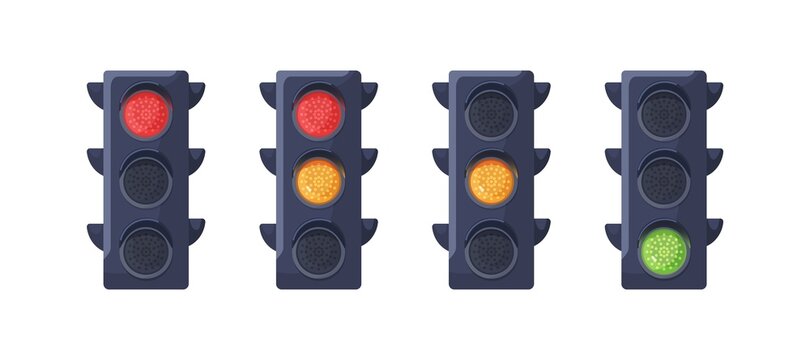 Traffic lights signals set. Semaphore led lamps. Red, green and yellow colors changing on stoplight to control road movement, stop and go signs. Flat vector illustrations isolated on white background