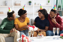 Cute Black Friends Greeting Birthday Lady At Home