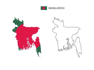 Bangladesh map city vector divided by outline simplicity style. Have 2 versions, black thin line version and color of country flag version. Both map were on the white background.