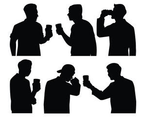 Set of drunk men with beer glass in hand silhouette , party people vector.