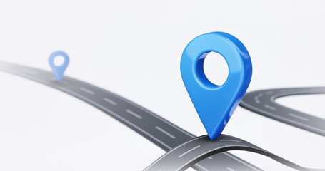 Blue location 3d icon of traffic street route map symbol or navigation gps pin point marker and global position system destination address sign isolated on white background with asphalt road pointer.