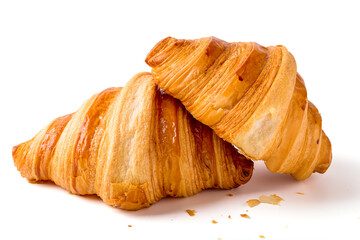 2 croissants isolated on a white background. breakfast, snacks or bakery.