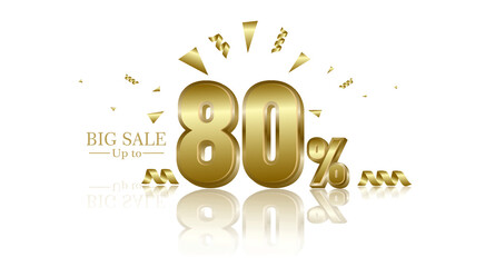 80% off special offer banner 3D gold icon design template 80 percent sale, discount. Glossy vector numbers. Isolated illustration on a white background.