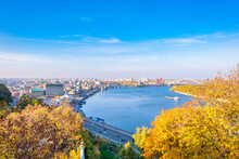 Ukraine,Kyiv, Aerial View Of Riverside City On Sunny Autumn Day