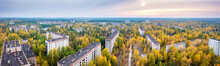 Ukraine, Kyiv Oblast, Pripyat, Aerial Panorama Of Abandoned City At Autumn Sunset