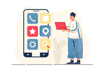 Leinwandbilder - App development concept for web banner. Man creates interface layout of mobile apps and places graphic elements, modern person scene. Illustration in flat cartoon design with people characters