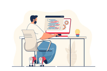 Canvas Print - Programmer working concept for web banner. Man work with code and programming at computer, creates software modern person scene. Illustration in flat cartoon design with people characters