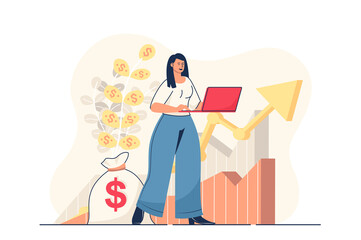 Aufkleber - Business growth concept for web banner. Businesswoman analyzes business data and financial statistics, leadership modern person scene. Illustration in flat cartoon design with people characters