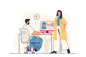 Poster - Design studio concept for web banner. Woman and man designers team create website layout and draw elements, modern person scene. Illustration in flat cartoon design with people characters