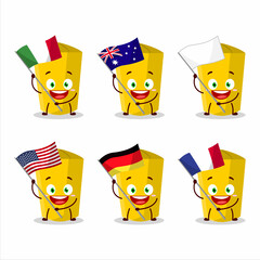 Wall Mural - yellow chalk cartoon character bring the flags of various countries