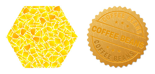 Sticker - Golden combination of yellow particles for hexagon icon, and golden metallic Coffee Beans stamp seal. Hexagon icon mosaic is done of random golden spots.