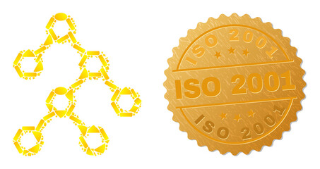 Wall Mural - Golden mosaic of yellow fractions for binary structure icon, and gold metallic ISO 2001 seal. Binary structure icon mosaic is done from randomized golden items.