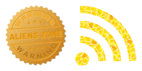 Wall Mural - Golden mosaic of yellow spots for radio internet icon, and golden metallic Warning Aliens Zone badge. Radio internet icon mosaic is organized from randomized golden.