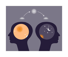Two Head Silhouettes With Day And Night Symbols. Concept Of Circadian Rhythm. Difference Between Early Risers And Late Sleepers.