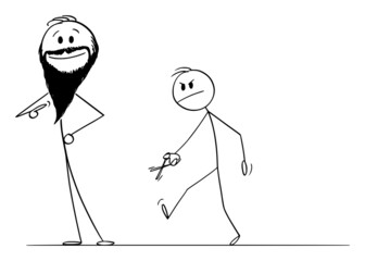 Poster - Bearded Person Showing His Long Facial Hair or Beard, Angry Man Is Walking With Scissors to cut it, Vector Cartoon Stick Figure Illustration