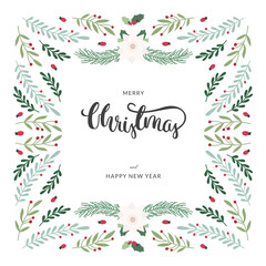 Sticker - Christmas square card design with floral border and brush calligraphy. Flat elegant flower and leaves abstract illustrations. Vector isolated on white background.