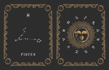 Pisces Zodiac Constellation, Old Card In Vector.