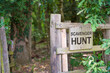 Scavenger hunt sign in forest woodland on wood background