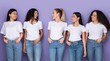© Prostock-studio - Multiethnic Millennials Ladies Looking At Each Other Standing, Purple Background