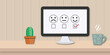 © Chitraporn - Happy face with computer screen and a cup of coffee on table. Business ratings or customer satisfaction concept, space for the text. paper cut design style.