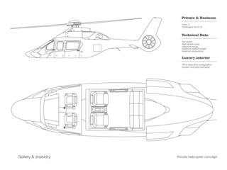 Wall Mural - Outline private helicopter interior. Isolated cockpit blueprint. Top, side view of business vehicle. Cabin drawing. Modern transportation