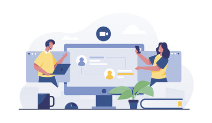 Video conferencing virtual meeting desktop vector illustration.