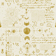 Abstract pattern in the style of an ancient manuscript of alchemical, esoteric, mystical symbols and unreadable handwritten scribbles. Background with astrological icons