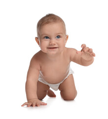 Poster - Cute little baby in diaper crawling on white background