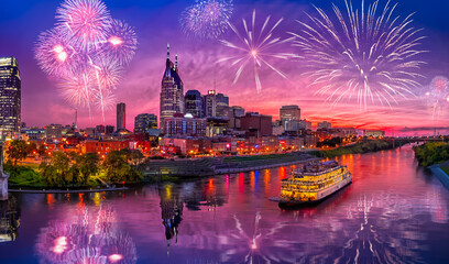 Wall Mural - nashville skyline with sunset and fireworks
