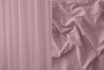Rough Dusty Pink Fabrics. Textured Background of Pleated Cotton Fabrics. Visible Material Weaves. Two Pieces of Canvas.