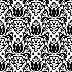  CLassic Damask wallpaper or fabric print vector seamless pattern, retro textile black and white design with floral motif background
