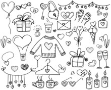Valentine's Day Doodle Design, A Variety Of Different Items, Set, Vector